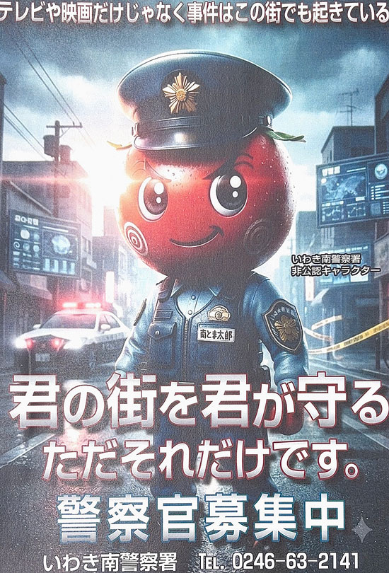 福島県いわき南署に地域特産のトマトモチーフのキャラクター誕生　採用活動の推進へ