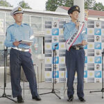 滋賀県警高速隊が多賀SAで交通安全啓発　気象予報士を迎え